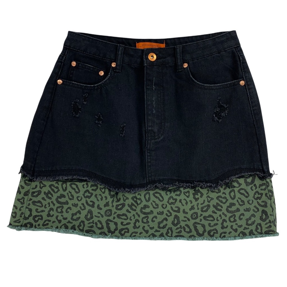Black with Green & Black Cheetah Print Denim Mini Skirt